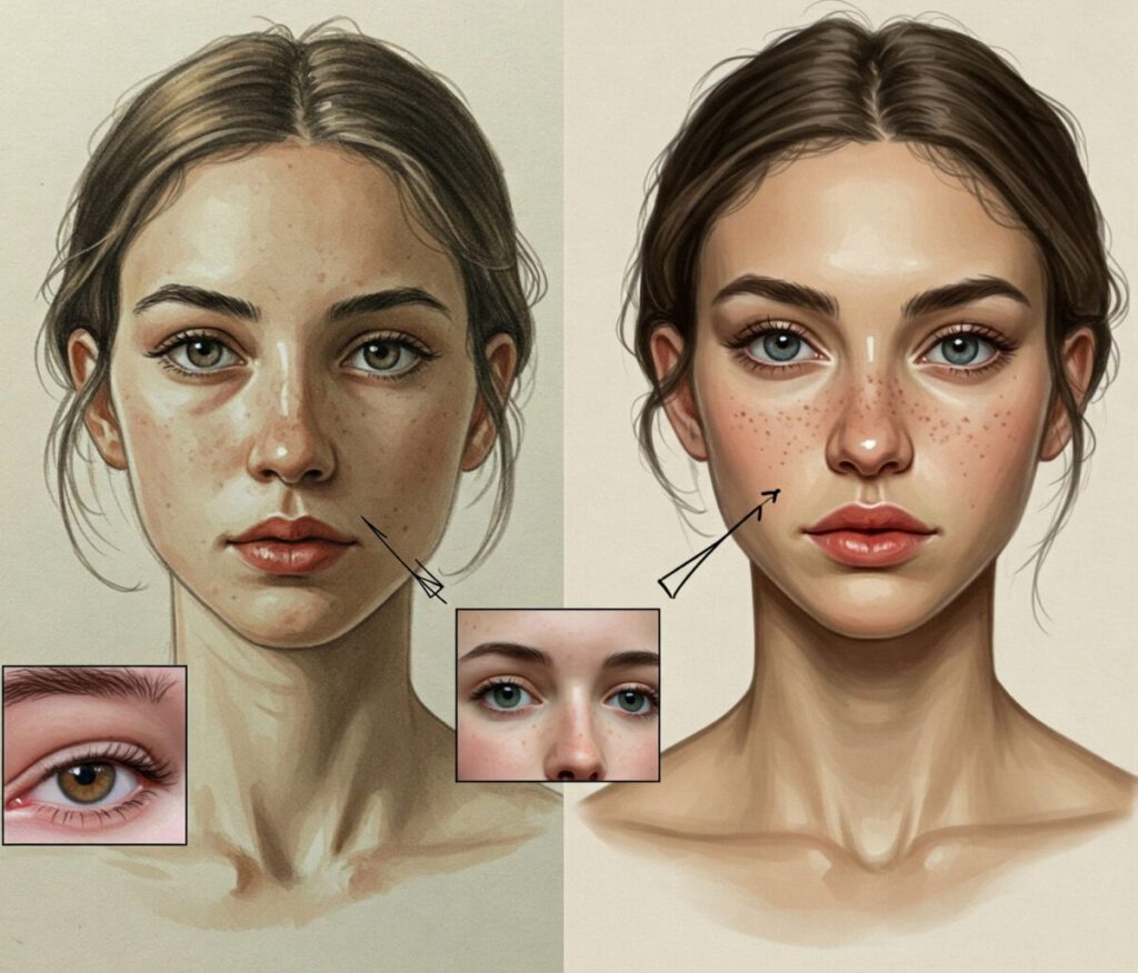 Dramatic before and after comparison of an artist's work from an art challenge