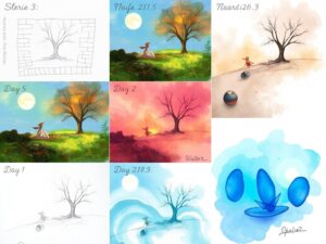 Art challenges:  progress showing skill improvement through multiple drawings