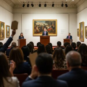 What Makes Paintings Valuable: Unveiling the Secrets Behind Art’s Worth 7 dynamic scene inside a high-end art auction house, with bidders raising paddles towards a prominently displayed painting, illustrating how market trends affect what makes paintings valuable.