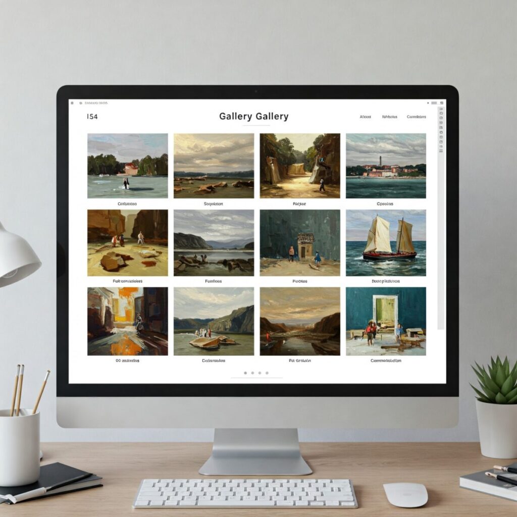 Art portfolio website gallery page showcasing multiple artwork pieces with filtering options
