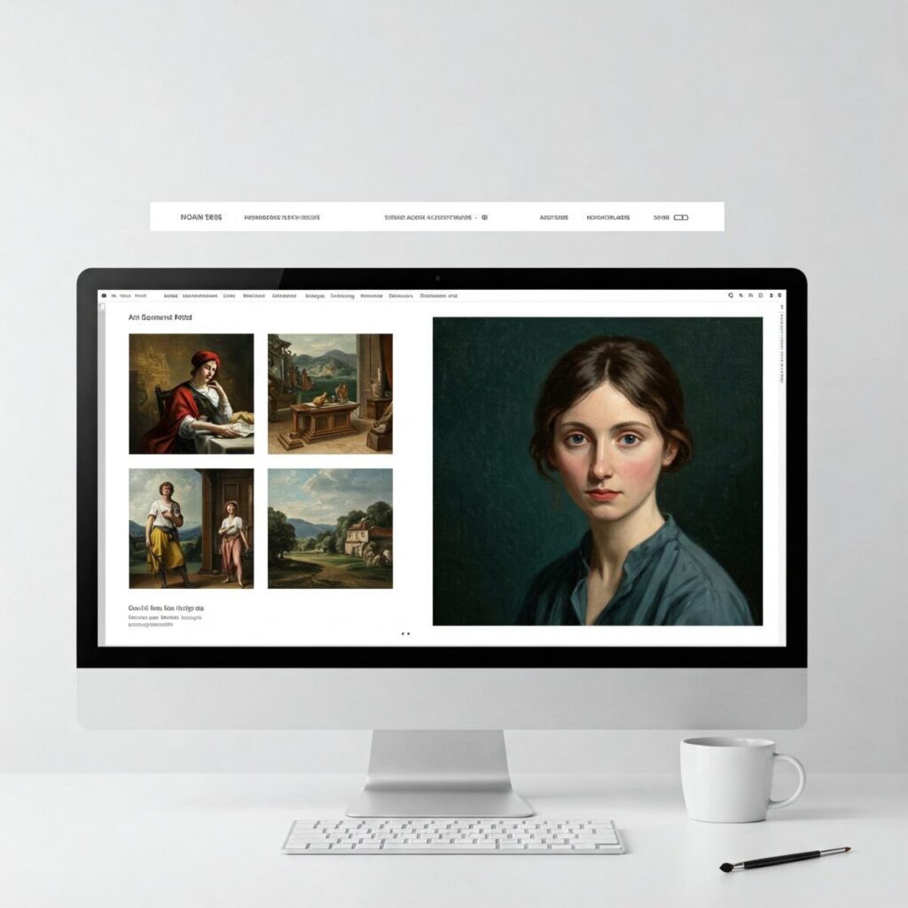Professional art portfolio website homepage with clean layout and featured artwork