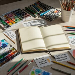 Creative Art Prompts to Spark Your Imagination Today 3 Creative art workspace with art prompts and inspiring materials