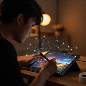 Blockchain Art Explained: How It's Changing Ownership and Provenance 5 An artist working on a digital tablet, with abstract blockchain code or network graphics emanating from the screen, explaining the process of minting blockchain art (NFT).