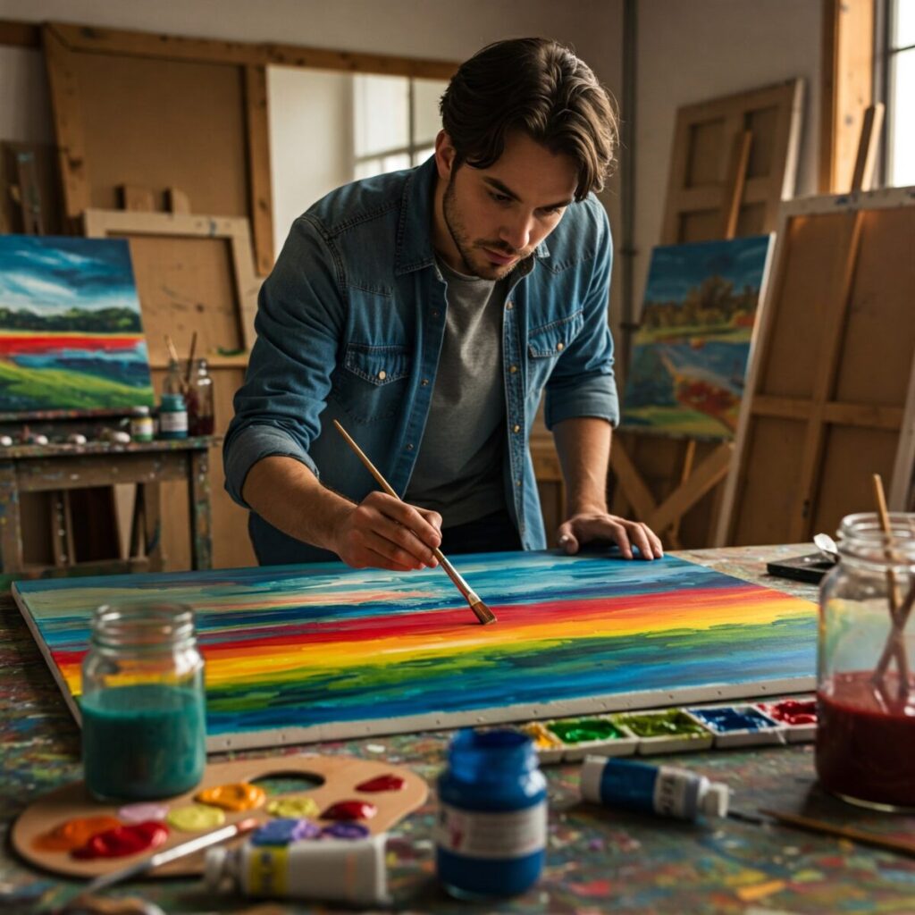 artist using water-based eco-friendly alternatives to traditional oil painting