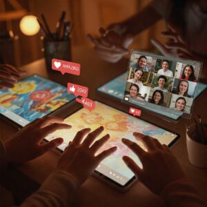 The Digital Brushstroke: How Social Media Influence on Painters is Reshaping the Art World 5 Collage of diverse artists interacting positively through comments and messages on social media art posts, representing building an online art community for painters.