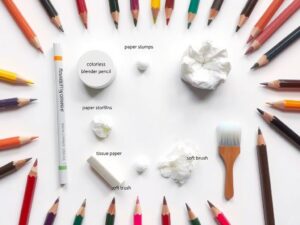 How to Blend Colored Pencils Smoothly: Step-by-Step Tutorial 3 ow to Blend Colored Pencils: Tools for blending colored pencils including colorless blender, tortillon, tissue, and cotton swab