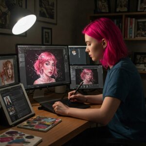 The Evolution of Self-Portraits: From Renaissance to Digital Age 5 Digital artist creating contemporary self-portrait using technology
