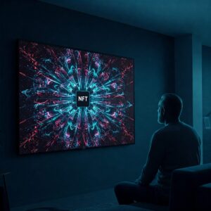 Blockchain Art Explained: How It's Changing Ownership and Provenance 6 A person viewing a vibrant piece of digital art displayed on a large, high-definition screen, symbolizing secure digital art ownership via NFT technology.