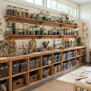 well-organized eco-conscious art studio with sustainable materials and zero-waste practices)