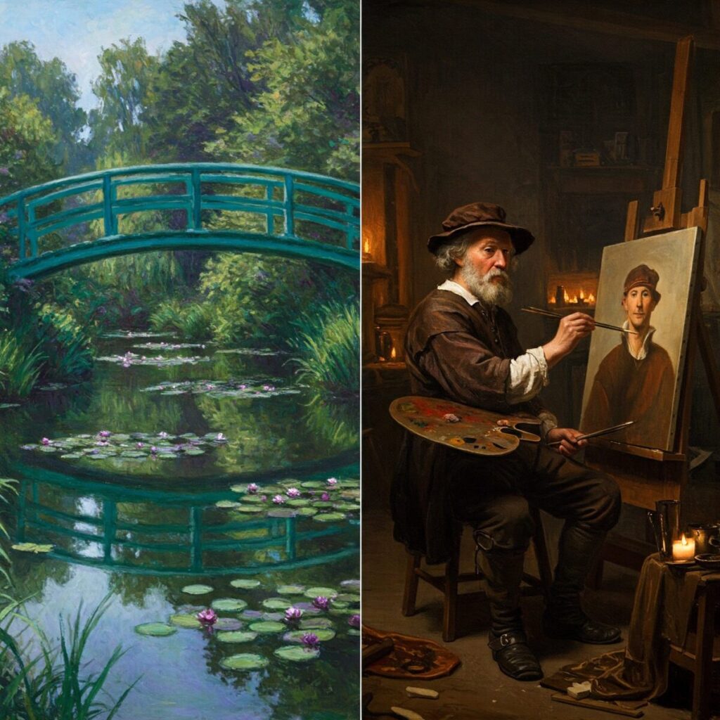 Contrasting lives of famous artists poverty and success shown through Monet and Rembrandt