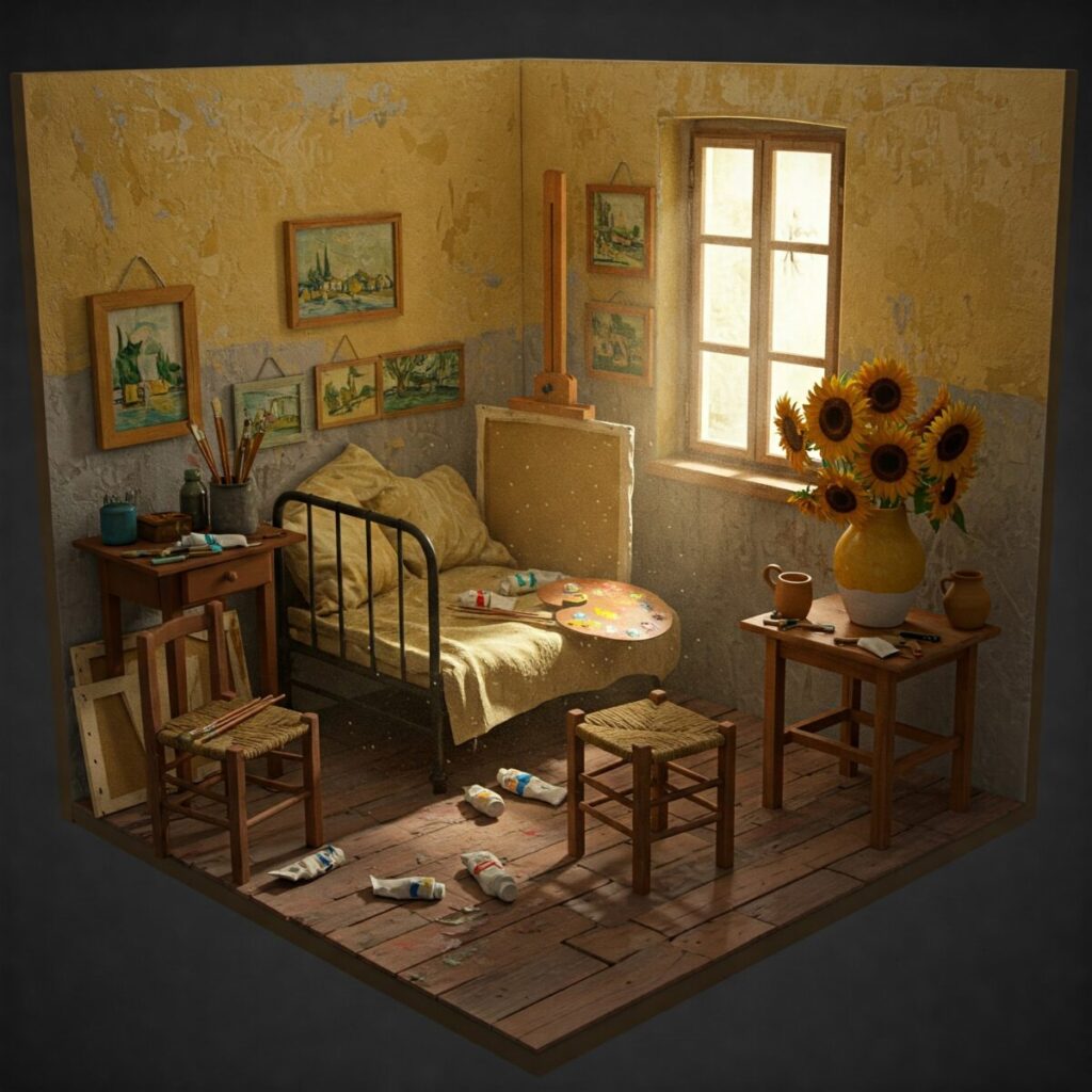 Famous artists poverty: Vincent van Gogh in his modest studio representing famous artists poverty