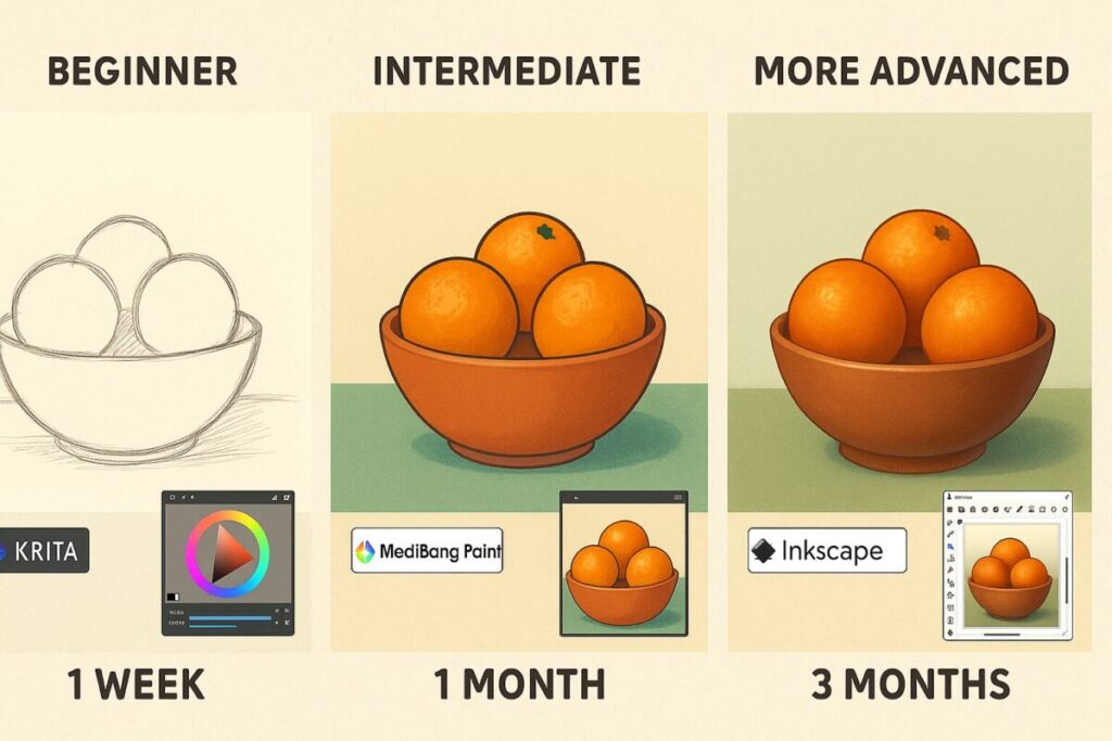 Three-stage progression showing how beginners improve with free digital art tools