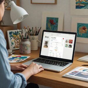 How to Sell Art on Etsy Successfully: A Beginner's Guide 3 How to Sell Art on Etsy Successfully? Step 1 Setting up an Etsy art shop on laptop