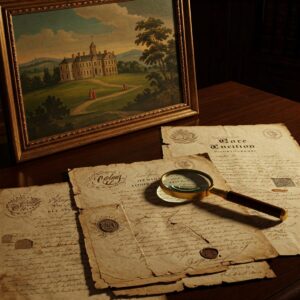 What Makes Paintings Valuable: Unveiling the Secrets Behind Art’s Worth 4 An antique painting rests on a rich wooden table beside aged documents, stamps, and a magnifying glass, illustrating the importance of provenance in what makes paintings valuable.