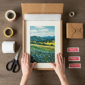 How to Sell Art on Etsy Successfully: A Beginner's Guide 5 Artist carefully packaging artwork for Etsy shipment