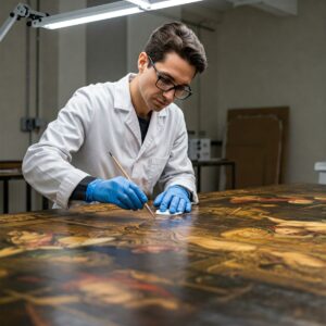 What Makes Paintings Valuable: Unveiling the Secrets Behind Art’s Worth 5 An art conservator wearing gloves meticulously examines or cleans a section of an older painting, showing how condition impacts what makes paintings valuable.