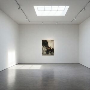 What Makes Paintings Valuable: Unveiling the Secrets Behind Art’s Worth 6 A single, striking abstract painting spotlighted alone on a large gallery wall, emphasizing how rarity influences what makes paintings valuable