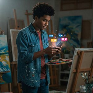 The Digital Brushstroke: How Social Media Influence on Painters is Reshaping the Art World 3 Painter in studio looking thoughtfully at smartphone illustrating the dual nature of social media influence on painters: opportunity and pressure.