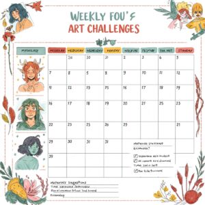 Weekly art challenge calendar with daily prompts and example sketches
