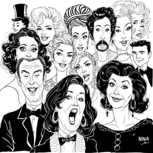Top 10 Famous Caricature Artists You Should Study 3 Famous caricature artists example: Al Hirschfeld's distinctive line art style featuring Broadway stars