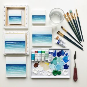 DIY Mini Seascape Painting Supplies Setup for Small Canvas Painting Ideas