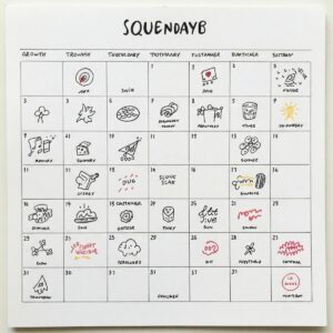 Creative doodling ideas organized in a prompt calendar for daily practice