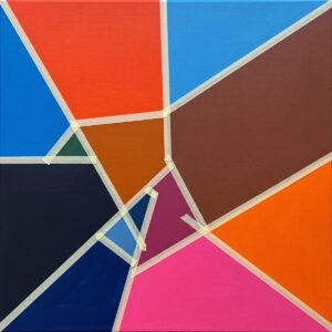 Abstract painting techniques: a bold geometric abstract composition with clean lines and sharp, hard edges created using masking tape.
