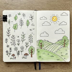 Nature-inspired creative doodling ideas with botanical elements and landscapes