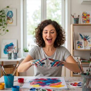 dult enjoying therapeutic benefits of expressive finger painting session