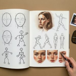 Sketchbook Ideas for Artists: Unleash Your Creativity with Pastels 7 Sketchbook showing progression of pastel portrait and figure studies from basic shapes to detailed drawings