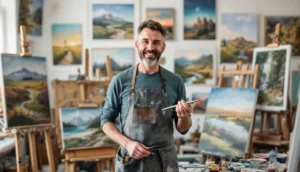 Confident artist surrounded by artwork from different painting genres showing improved art skills and creative development