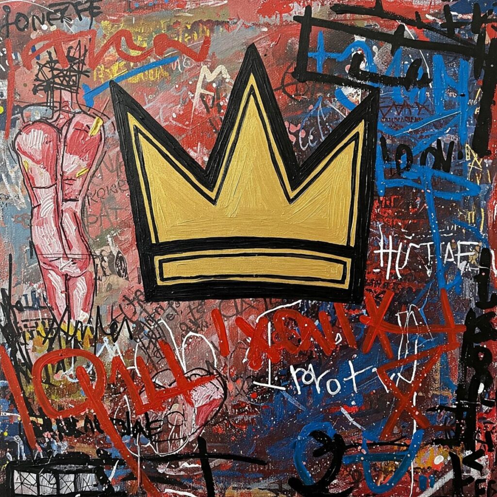 Basquiat art featuring his iconic three-point crown symbol with vibrant colors and text elements