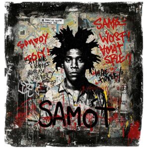 Basquiat art showing SAMO graffiti style with urban elements and social commentary