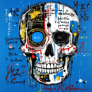 Basquiat art depicting a skull-like face with chaotic brushstrokes and vibrant colors