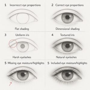 Comparison of common eye drawing mistakes with corrected techniques