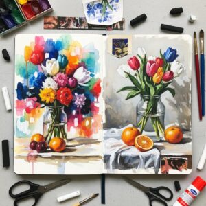 Sketchbook Ideas for Artists: Unleash Your Creativity with Pastels 5 Experimental sketchbook page combining pastels with other media showing innovative artistic techniques and creative ideas