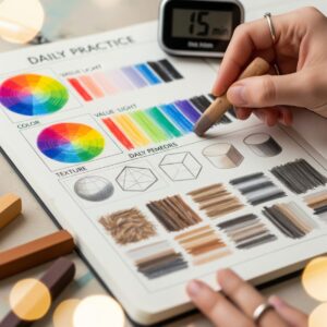 Sketchbook Ideas for Artists: Unleash Your Creativity with Pastels 4 Artist's hand creating daily pastel practice exercises in sketchbook with color swatches and basic shapes