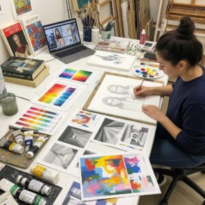 Art student practicing different painting techniques to improve art skills and develop artistic abilities