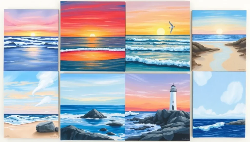 Gallery of easy acrylic seascape painting ideas showing different ocean scenes for beginners