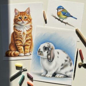Easy Animal Drawings: Perfect Subjects for Your First Pastels Project 3 Easy animal drawings created with soft pastels showing a cat, rabbit, and bird perfect for beginners