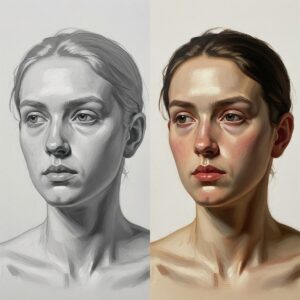What is Grisaille Painting Technique? A Complete Guide to Monochromatic Art 6 Side by side comparison of grisaille value study and final color painting showing technique benefits