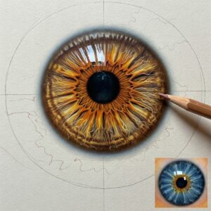 Close-up of iris drawing techniques showing realistic texture and detail