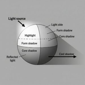 The Complete Guide to Light and Shadow: Master Visual Depth in Your Art 3 Light and shadow diagram showing basic form shadow and cast shadow on a sphere
