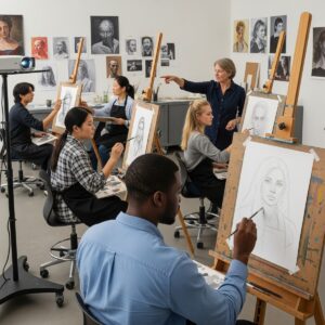 What is Grisaille Painting Technique? A Complete Guide to Monochromatic Art 7 Art students learning grisaille painting technique in modern painting workshop classroom setting