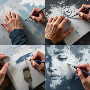 Close-up demonstration of specific painting techniques used across different genres to improve art skills