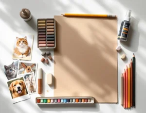Easy Animal Drawings: Perfect Subjects for Your First Pastels Project 4 Essential pastel art supplies laid out for creating easy animal drawings including soft pastels and blending tools