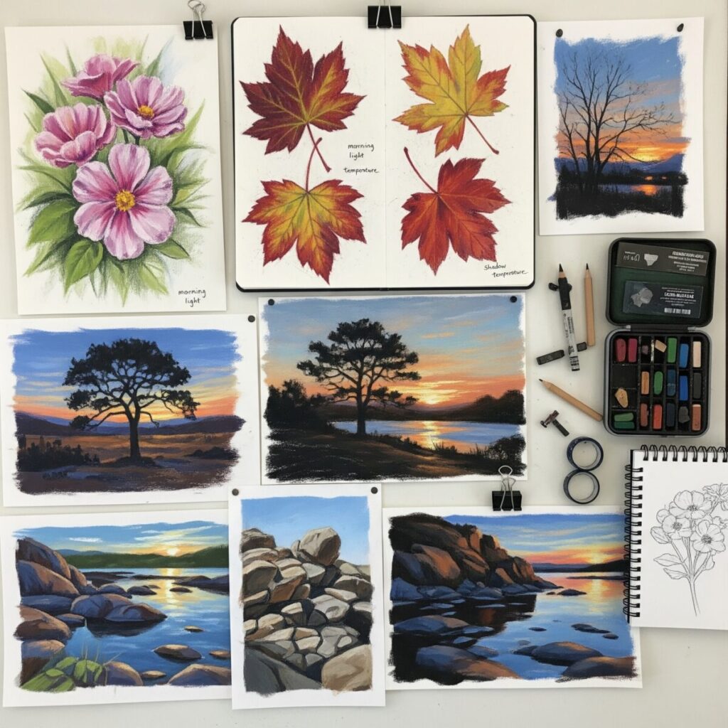 Sketchbook Ideas for Artists: Unleash Your Creativity with Pastels 6 Sketchbook pages filled with pastel nature studies including flowers, leaves, and landscape elements for artist practice