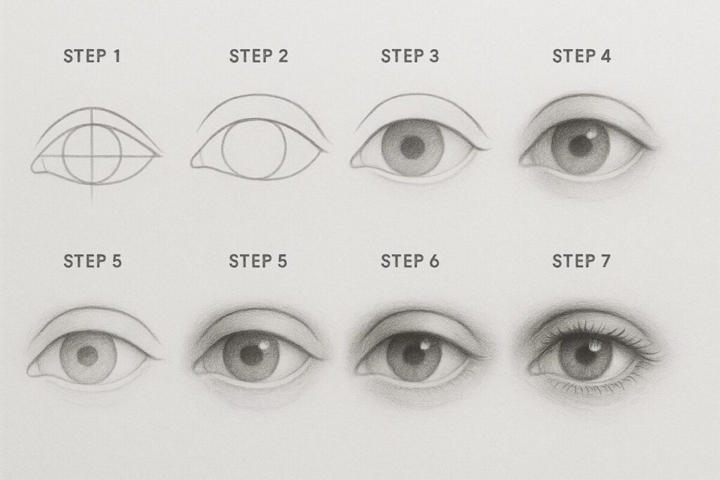 Complete step-by-step progression of drawing a realistic eye for beginners