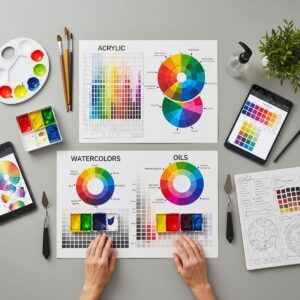Color Mixing Chart Printable for Painters: Your Complete Guide to Mastering Color Theory 3 Color mixing chart printable guide showing artist workspace with acrylic watercolor oil paint charts and palette setup