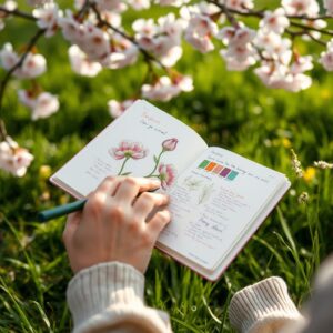 Spring nature journal ideas showing botanical sketching techniques for recording seasonal plant changes and emerging flowers